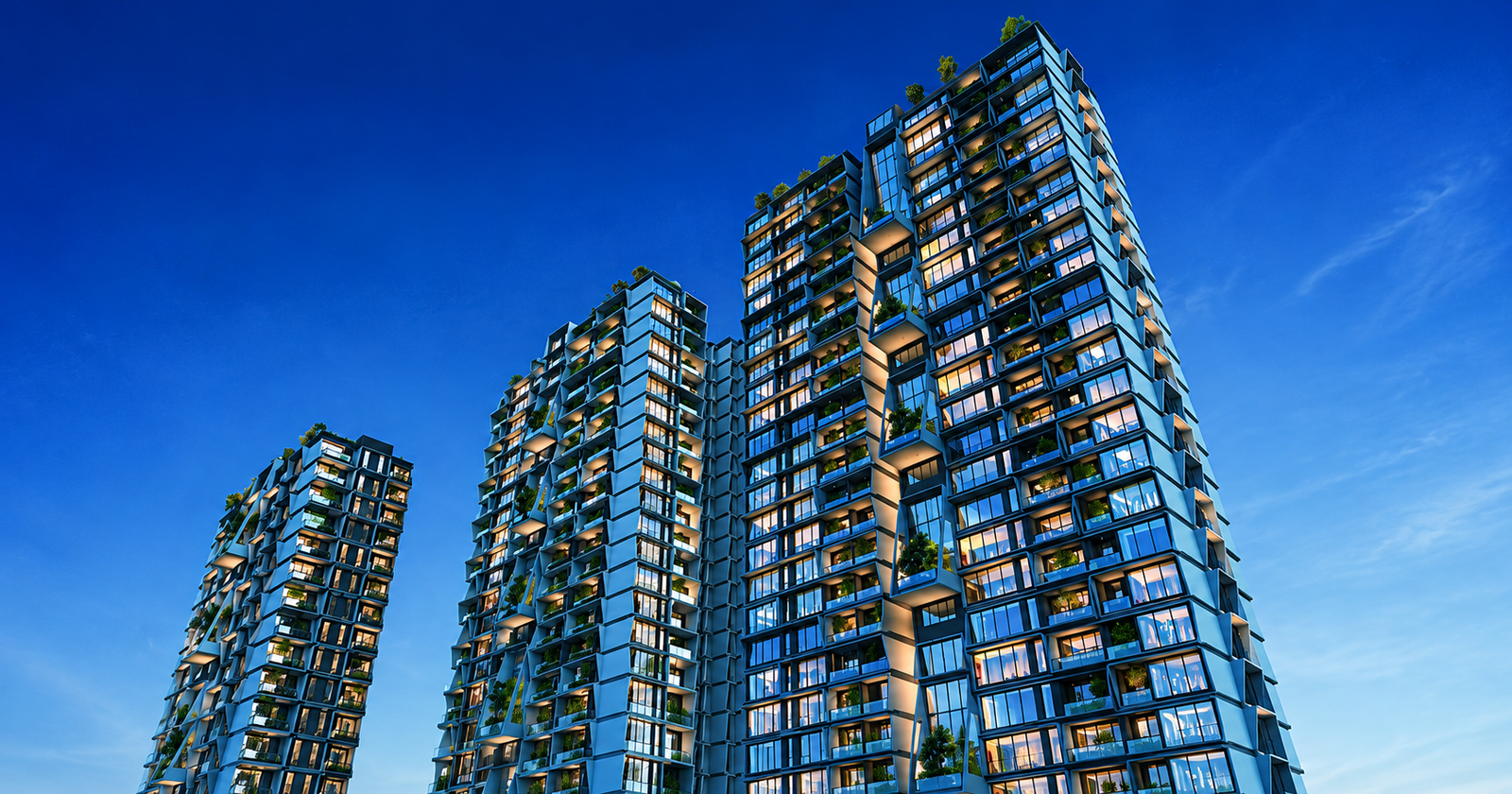 Emami Aamod residential towers illuminated at dusk against a deep blue sky, New Alipore Kolkata