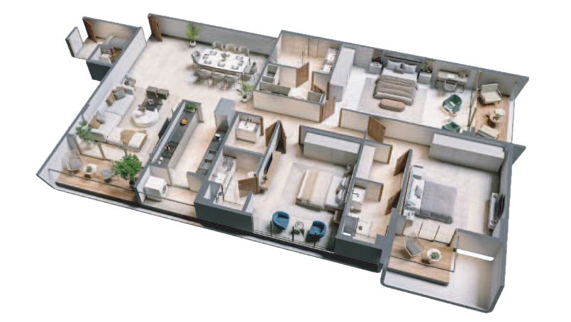 3 BHK with servant isometric floor plan, Tower 2 Unit A, Emami Aamod