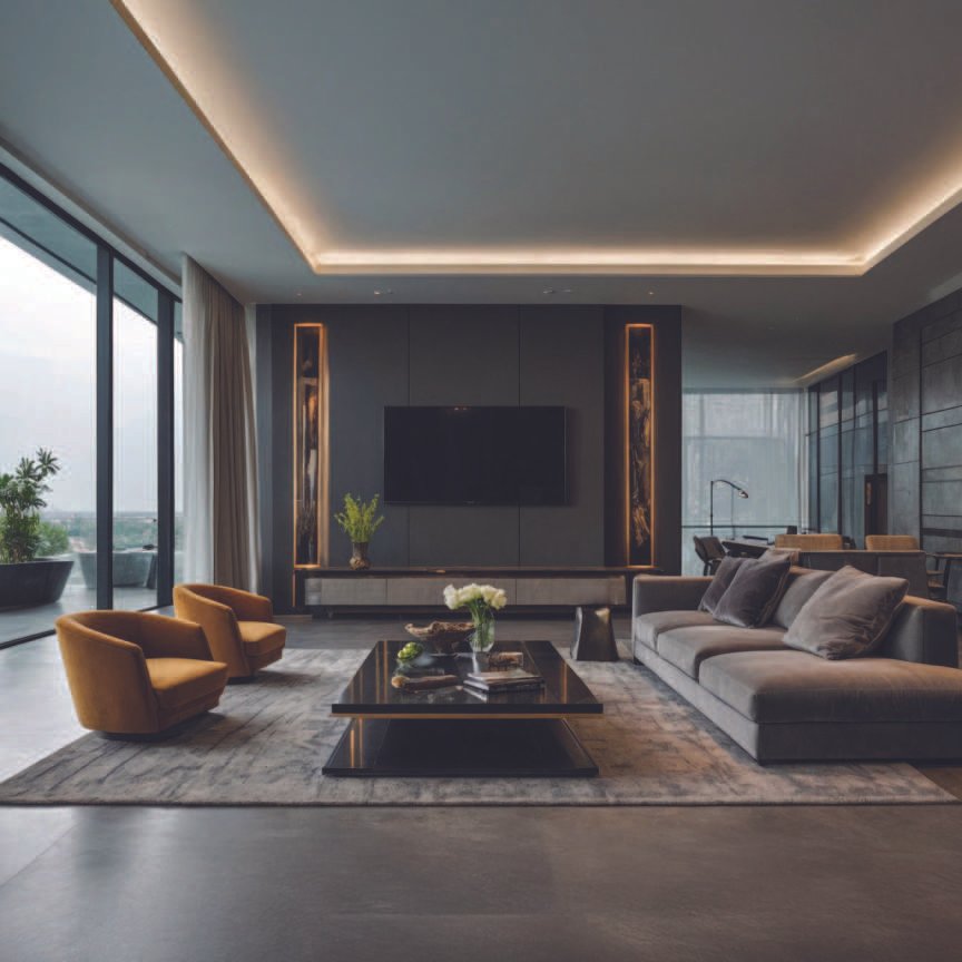 Warm, contemporary living room interior at Emami Aamod