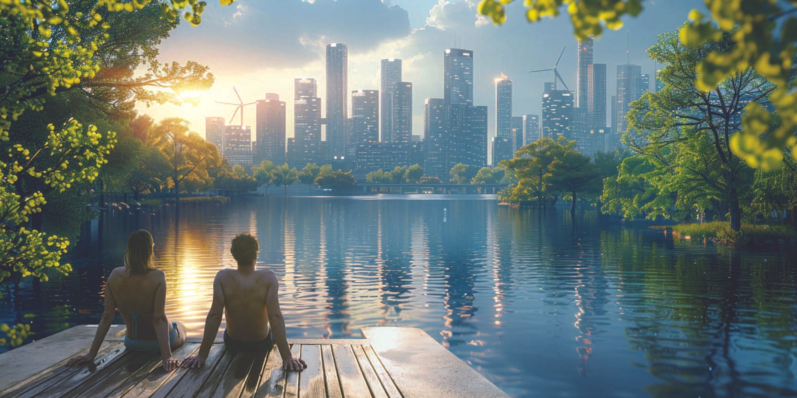 Residents relaxing by the waterfront with the Kolkata skyline beyond at Emami Aamod
