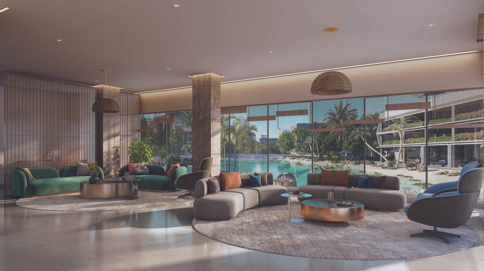 Lavish double-height club lobby facing the lagoon at Emami Aamod