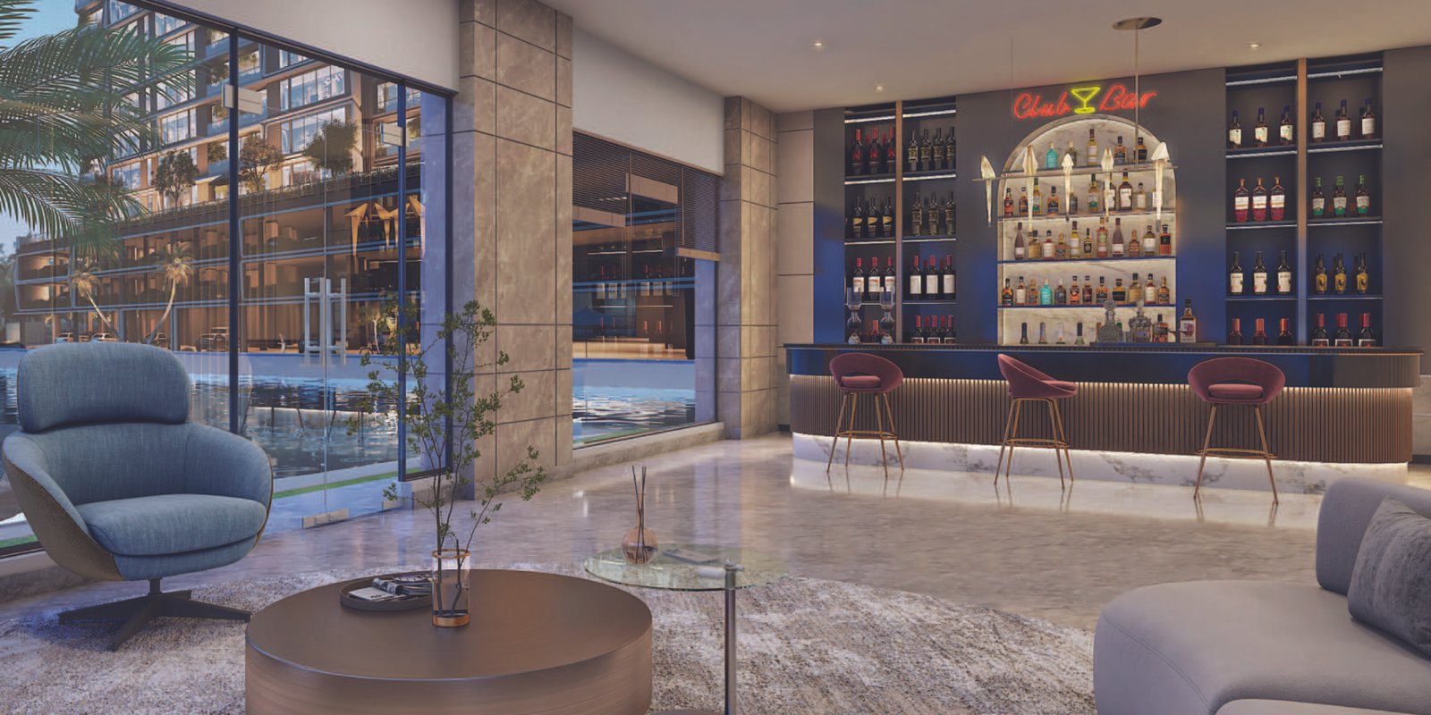 Pool-facing bar lounge overlooking the lake at Emami Aamod