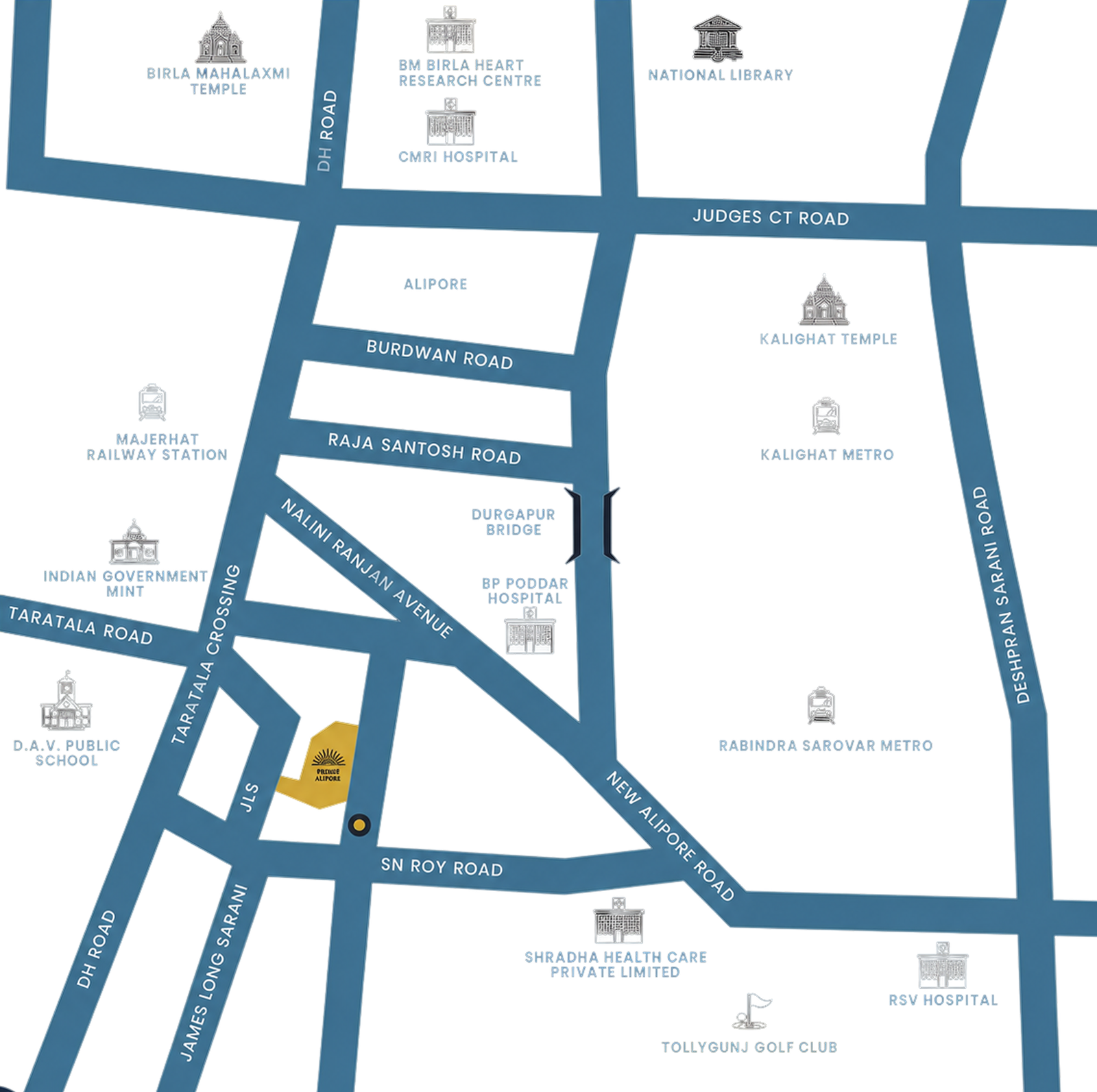 Neighbourhood map showing Emami Aamod at Premises No 43, James Long Sarani, New Alipore, Kolkata 700038, with nearby landmarks and transit